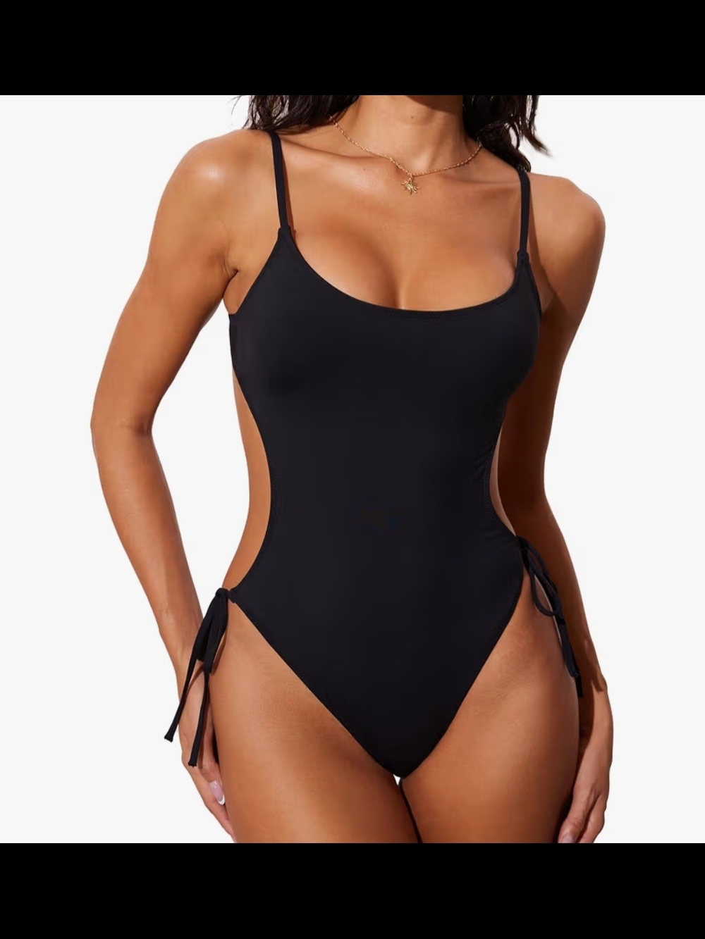 NWT Black Scoop Neck Cutout One-Piece Swimsuit Side Ties